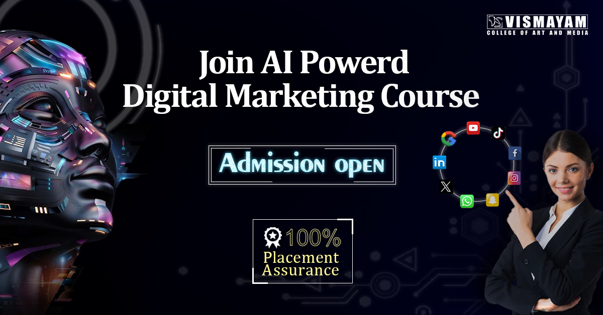 AI robot head and professional surrounded by social icons with headline Join AI-powered digital marketing course in kerala