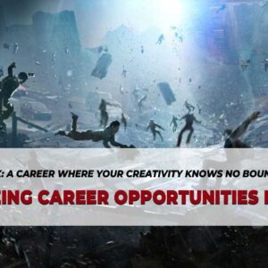 Vibrant animated film background with a white box overlay showcasing career opportunities in VFX