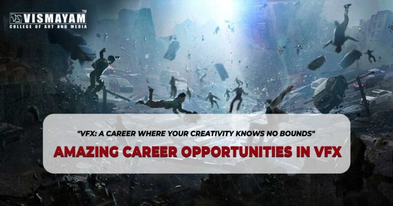 Vibrant animated film background with a white box overlay showcasing career opportunities in VFX