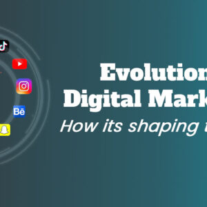 A banner showcasing an AI robot hand surrounded by social platform icons with headline evolution of digital marketing & how its shaping the future