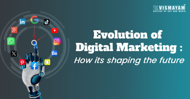 A banner showcasing an AI robot hand surrounded by social platform icons with headline evolution of digital marketing & how its shaping the future