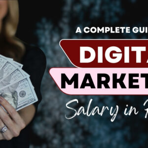 Close-up of a woman's hand holding cash. Text overlay: "a complete guide on digital marketing salary in kerala"
