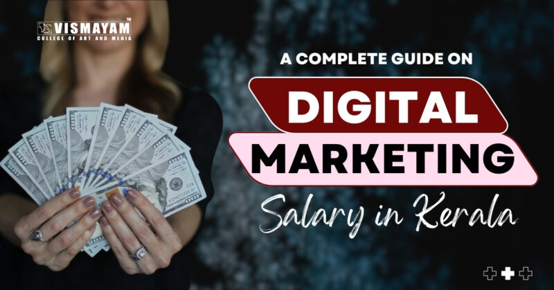 Close-up of a woman's hand holding cash. Text overlay: "a complete guide on digital marketing salary in kerala"