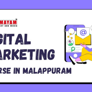 Illustration of a student & marketing activities over phone. Text overlay: "digital marketing course in malappuram”